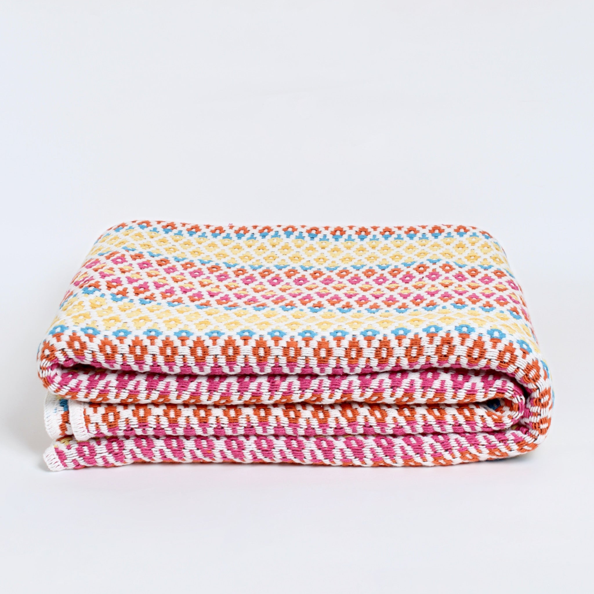 Colorful recycled cotton blanket 180x220 cm — eco-friendly boho throw for bed or sofa — artisan-made in Portugal for sustainable home decor