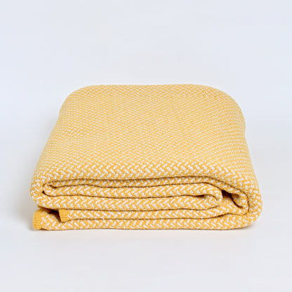 Yellow and white cotton blanket 200x240 cm — recycled eco-friendly bed or sofa throw — artisan-made in Portugal