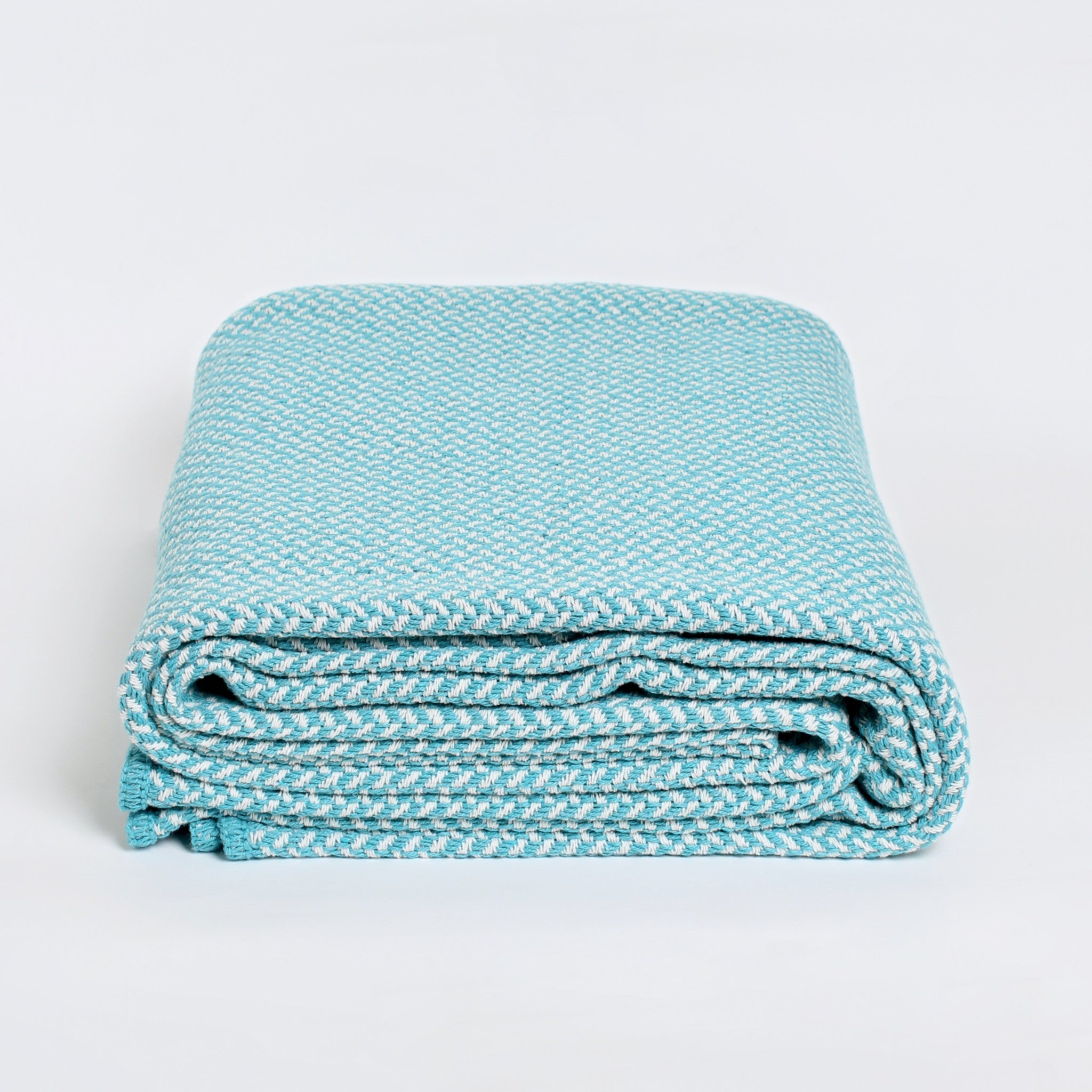Turquoise and white cotton blanket 200x240 cm — large recycled throw for bed or sofa — eco-friendly and artisan-made in Portugal