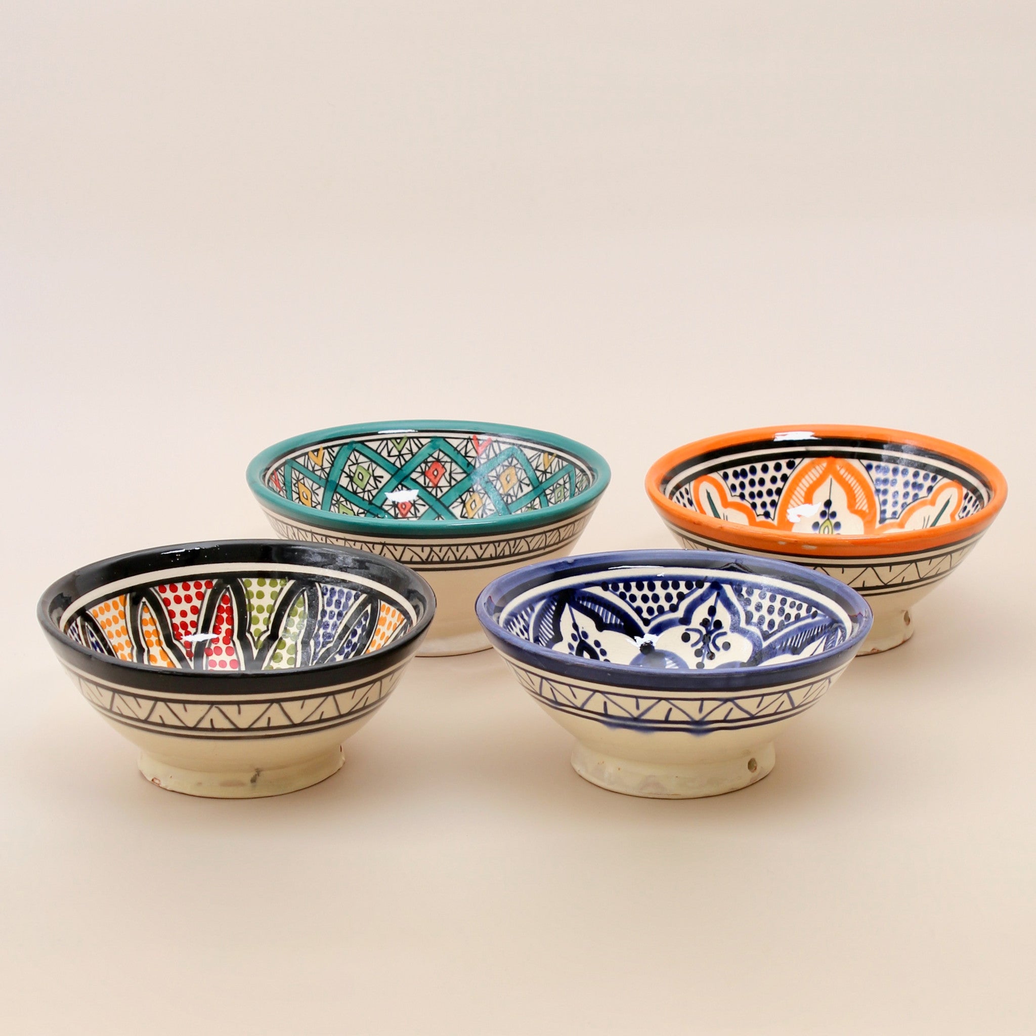 Hand-painted Moroccan ceramic bowl with colorful Safi design — artisan dish for dips, sides, or desserts