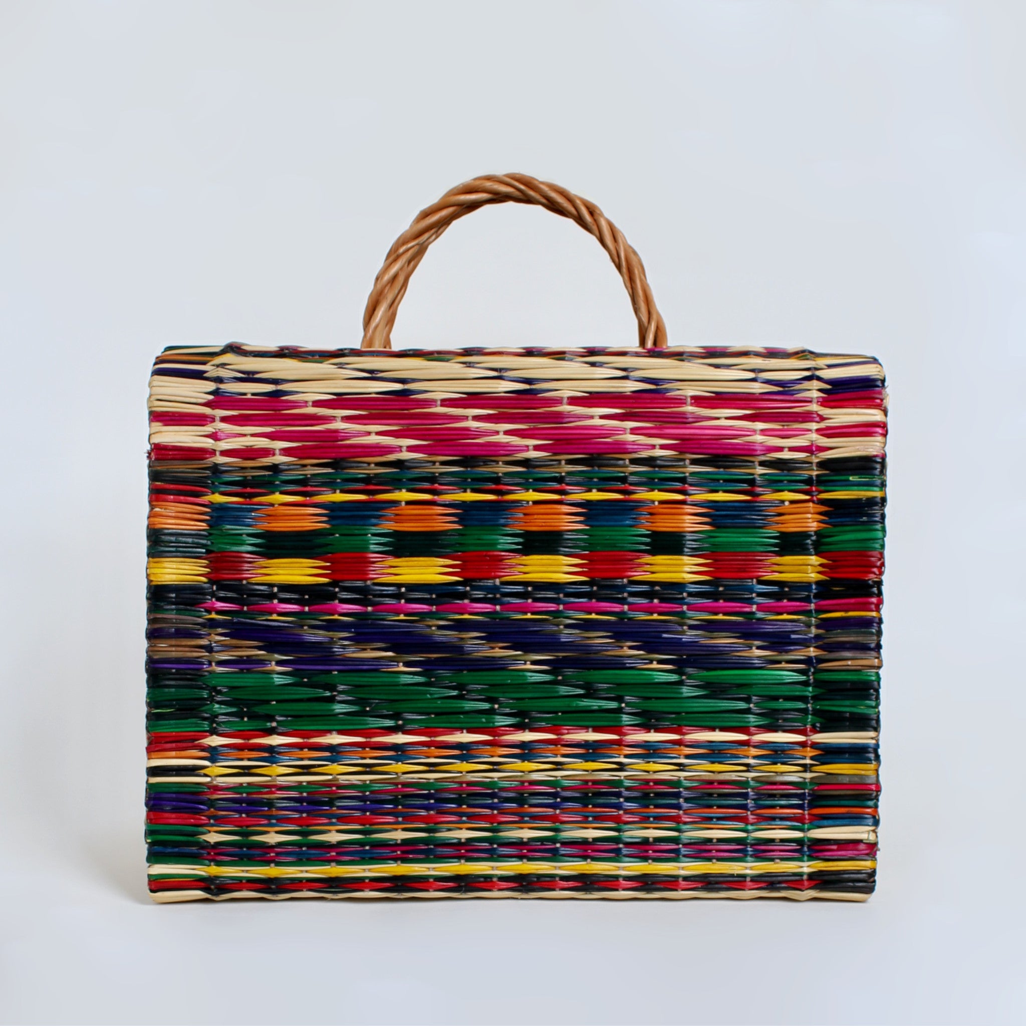 Handwoven natural reed basket with bold patterns — artisan carryall tote for shopping, beach, or everyday use