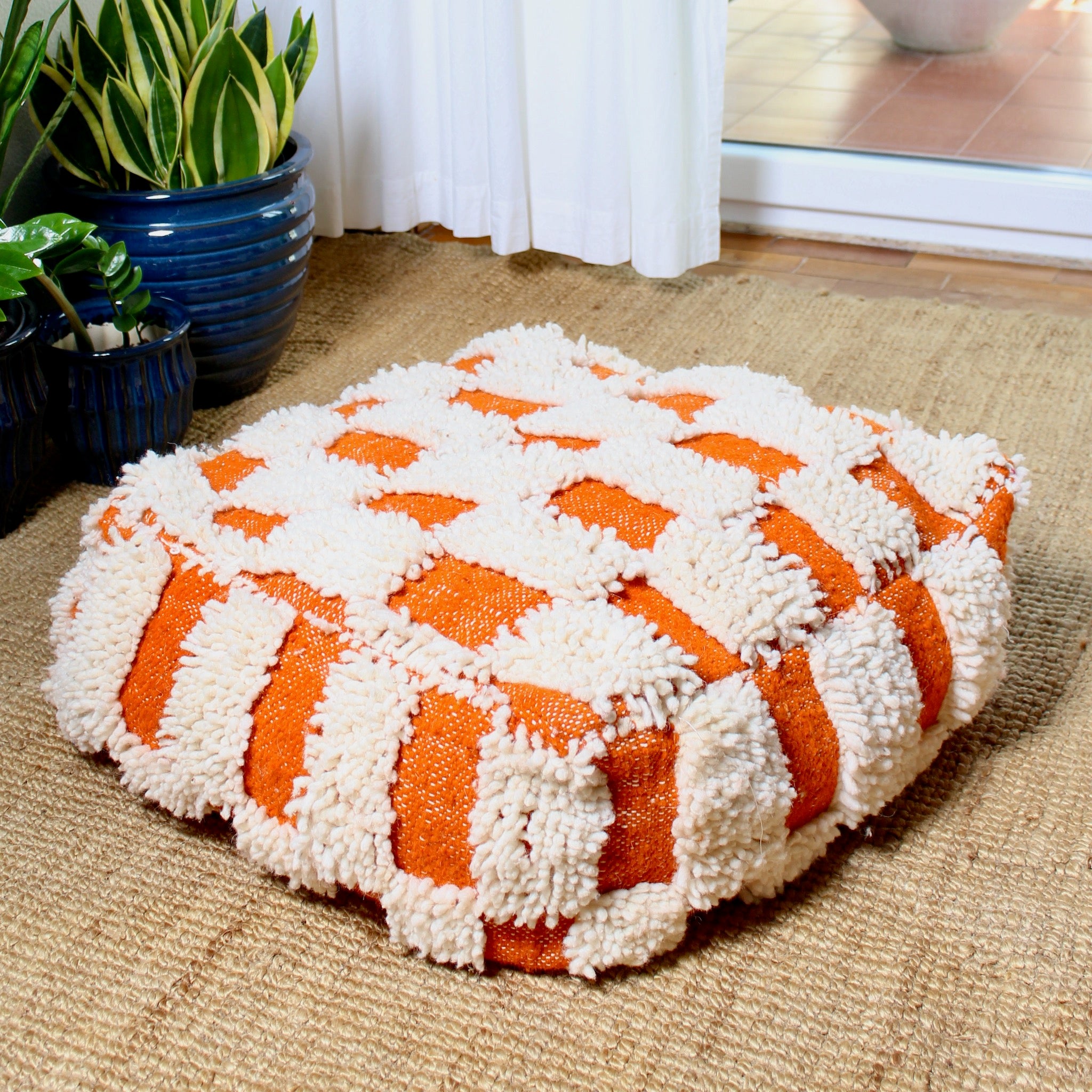 Beige and orange Moroccan wool pouf made from authentic Beni Ourain rug, 60×60×20 cm, handcrafted floor cushion with geometric design