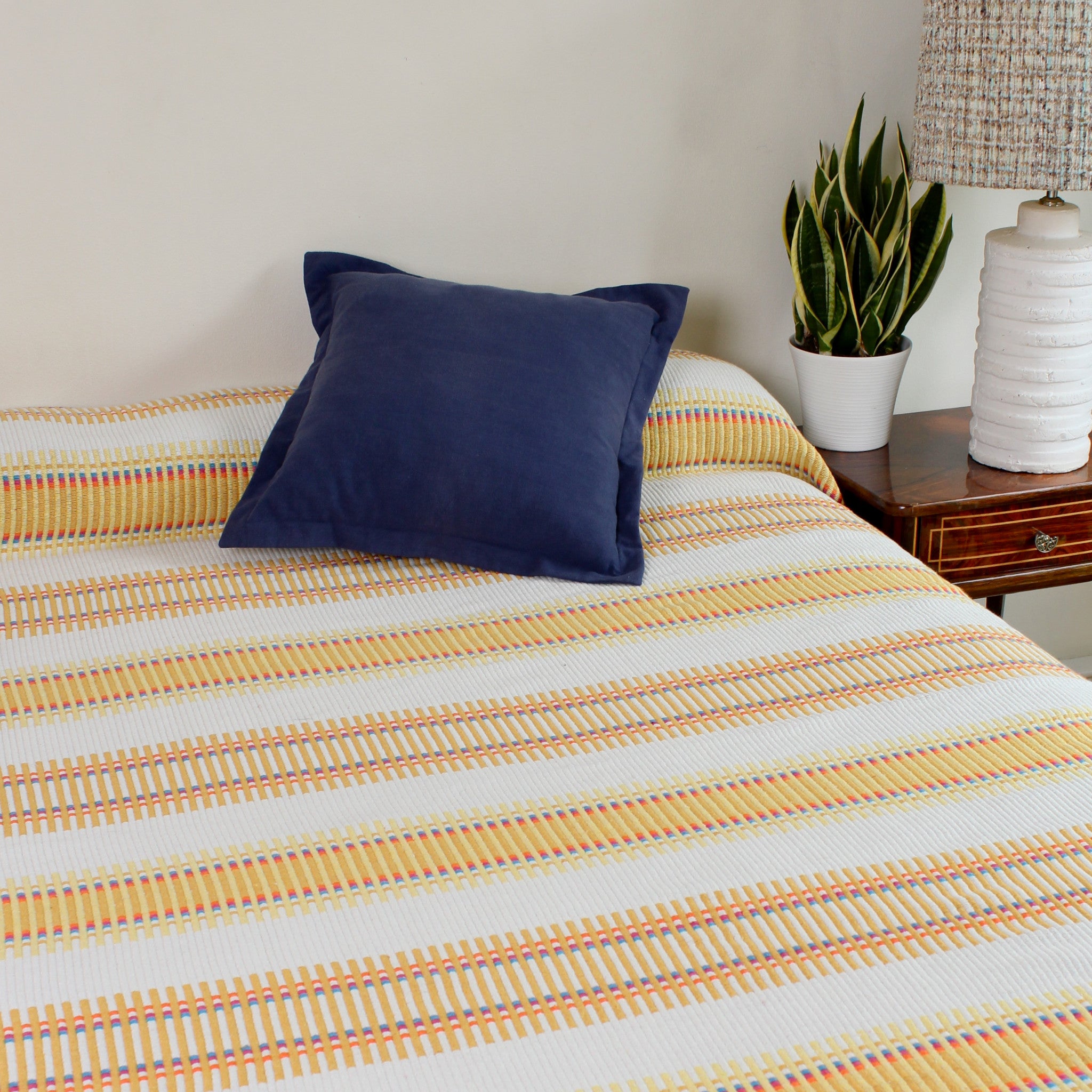 Portuguese recycled cotton throw blanket in yellow, beige, and orange, 140×210 cm — sustainable woven bed cover or sofa throw made on traditional looms