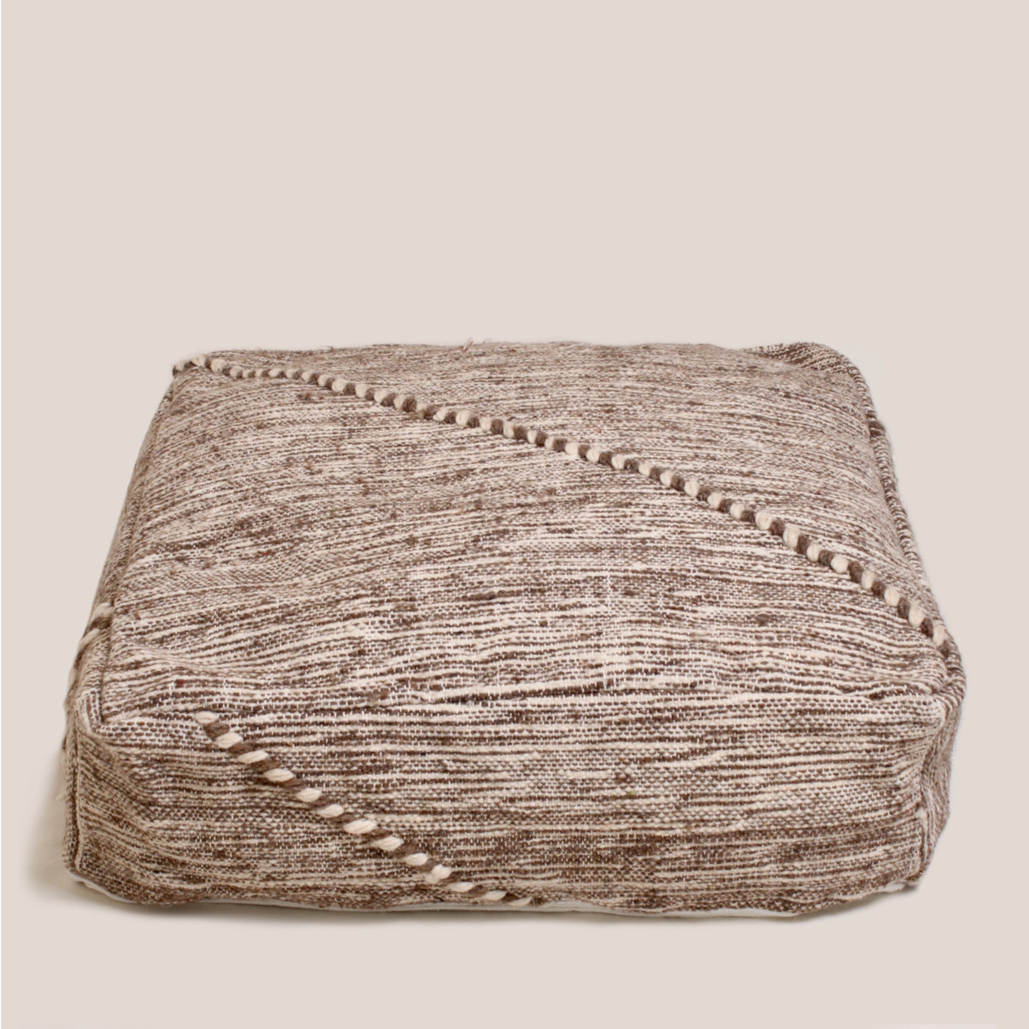Beige and brown Moroccan wool pouf handcrafted from traditional Kilim rug, 60×60×20 cm artisan floor cushion with geometric patterns